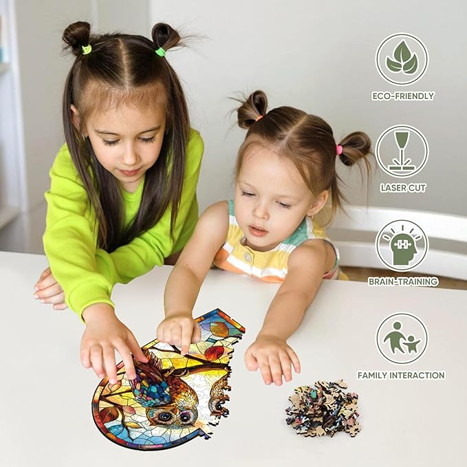 Ruikiyart Wooden Puzzles for Adults, 5MM 500 Pieces Glass Owls Wooden Jigsaw Puzzles, Birds Unique Shaped Puzzle Gifts for Adults and Kids on Thanksgiving,Family Puzzle Games(16.7"*16.7")