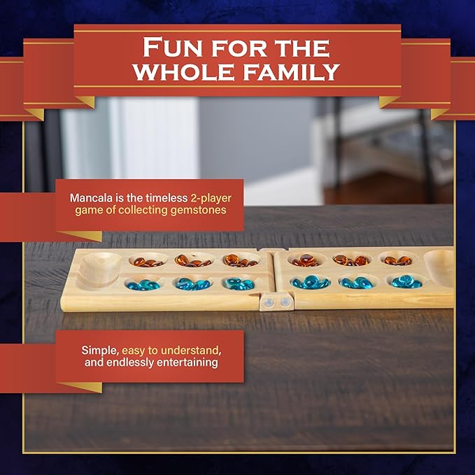 Family Traditions Mancala 2 Player Board Game, Fun Classic Table Game with Wooden Board and Deep Pockets for Mancala Gems, Popular Strategy Game for Adults & Kids, Ideal for Family Game Night, Travel