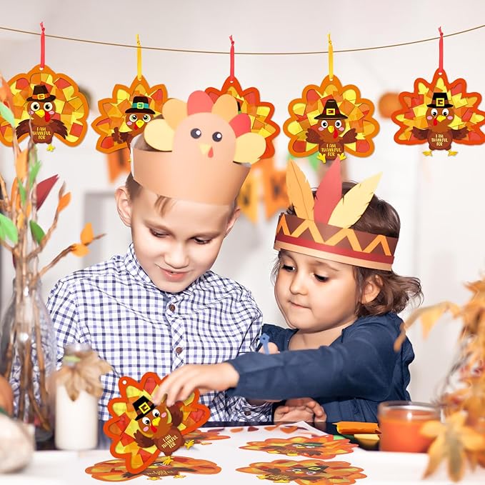 Funrous 32 Set Thanksgiving Turkey Suncatcher Craft Kit Autumn DIY Hanging Ornaments Window Stained Glass Effect Art Colorful Tissue Paper Crafts Fall Thanksgiving Home Classroom Decorations Supplies