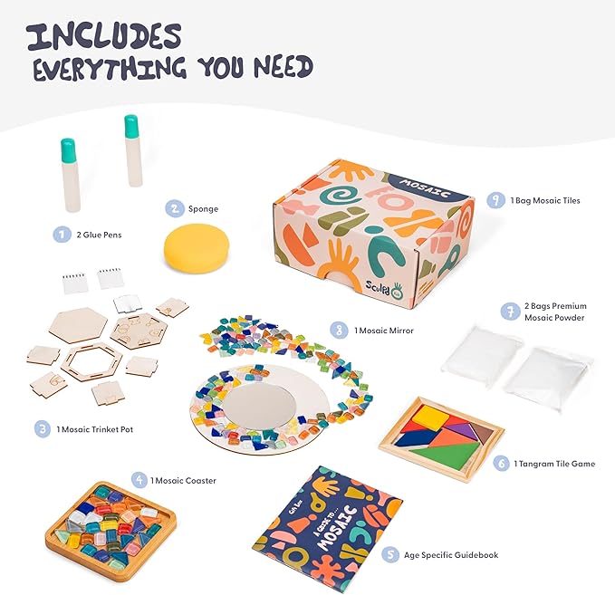 Sculpd - The Original Mosaic Kit - Create Your Own Mirror, Trinket Pot and Drink Coaster Mosaics - Includes Tangram Tile Game, Craft Supplies - Mosaic Kits for Kids Birthday Gift Age 8-12