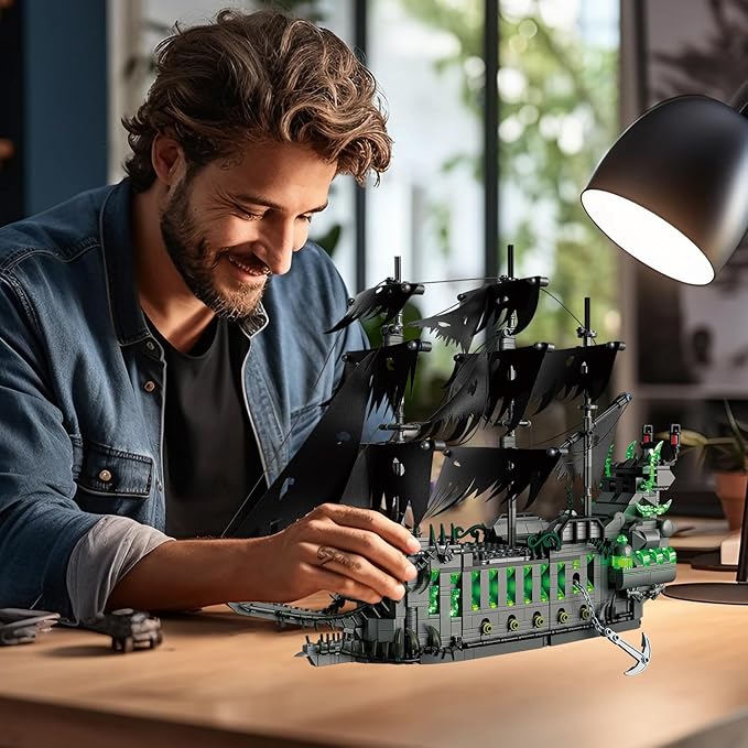 1573 Pcs Pirate Ship Building Set with LED Light,STEM Ghost Ship Flying Dutchman Building Toy,Model Boat Mini Brick Kit Home Office Decor,Halloween Easter Gift for Adults Boys Kids Ages 14+