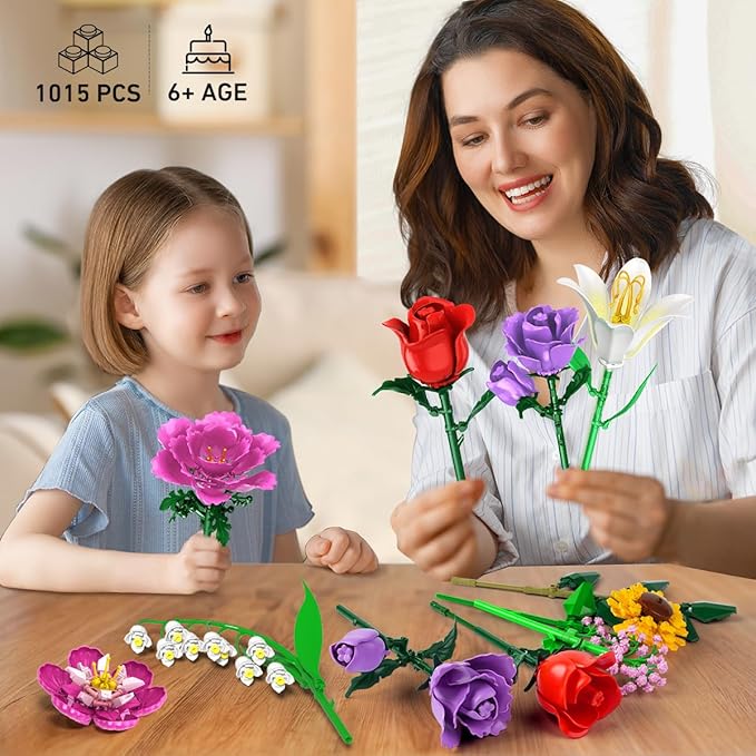 Flower Bouquet Building Set, 18 Flowers Rose Building Block, 1065 PCS Botanical Collection Building Block Toy Plant Home Decor, Gift for Her Adults Women Kids Boys Girls 12+