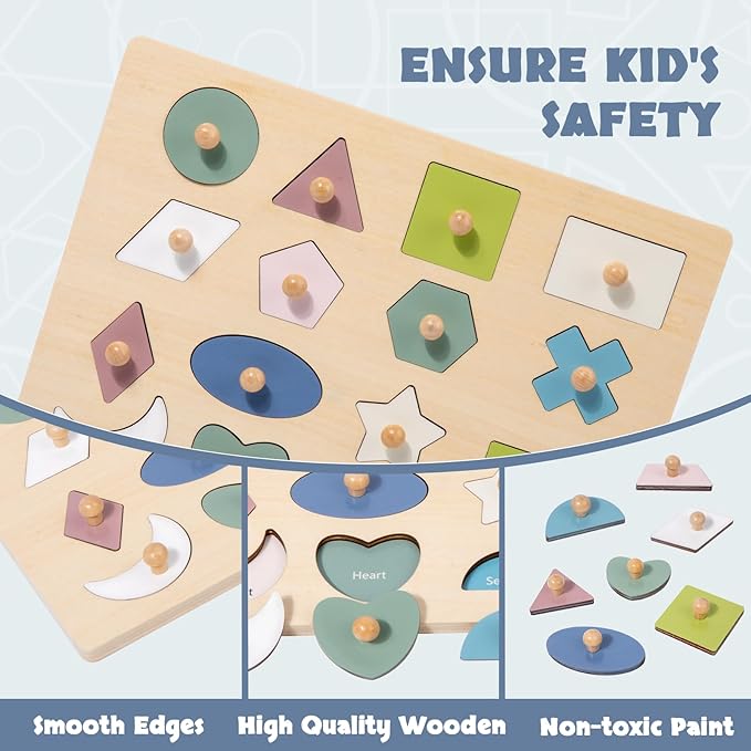 Montessori Toy for Babies 18-24 Months Wooden Shape Puzzles for Toddlers 1-3,Shape Peg Puzzles,Baby Puzzle 18-24 Months with Knob,Color & Shape Sorter for Toddlers(16 Geometric Shapes)