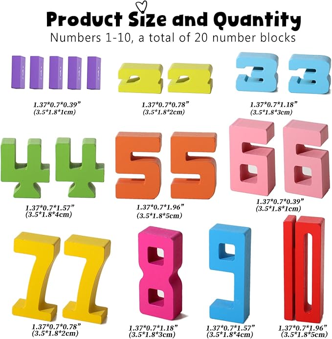 BESTAMTOY 20PCS Montessori Inspired Wooden Number Building Blocks-Wooden Blocks for 3+ Years Old Kids 1-10 Number Game Balance Competition Toy – Unlock Your Kids Potential