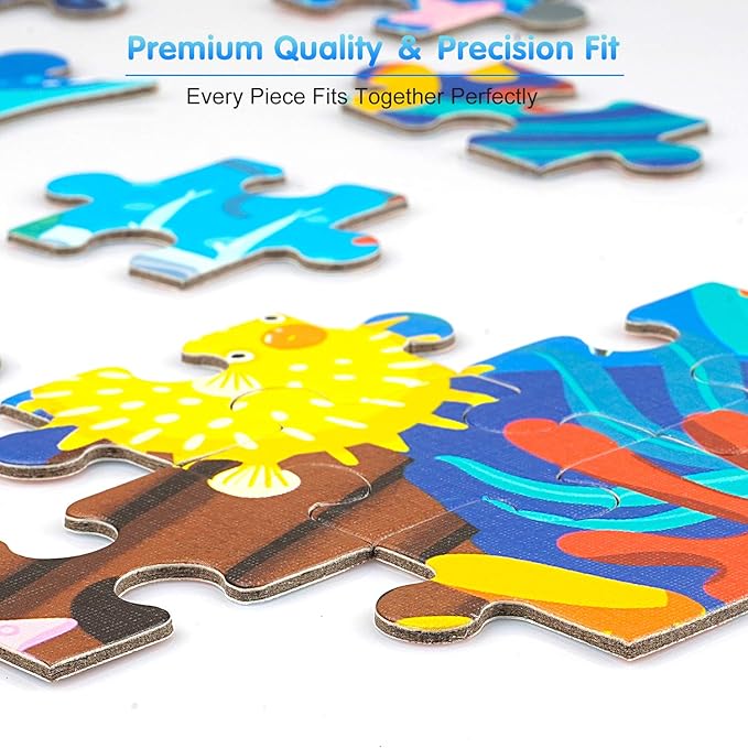 Jigsaw Puzzles for Kids Ages 4-8, 108 Pieces Whale Shaped Cardboard Puzzles for Animal Lovers, Sturdy Floor Puzzles Box and Poster, Educational Toys Gift for Boys Girls, 23.38 x 14.72 Inch