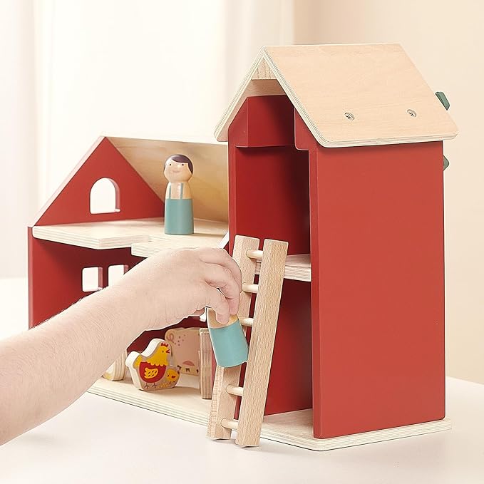 PairPear Wooden Barn & Tractor Farm Playset, 31 Piece Pretend Farm Animal Toy Set with Barn, Tractor & Trailer, Montessori Learning Gift for Toddlers Ages 3+