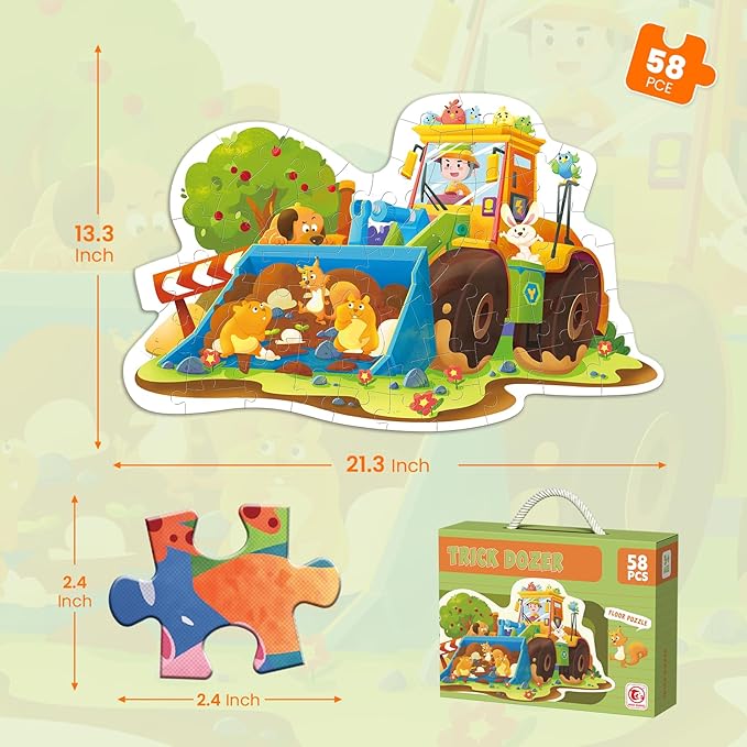 ELX 58 Piece Trick Dozer Jigsaw Puzzle for Kids 3+, Large Floor Puzzle for Preschool Learning with Storage Bag, Educational Toy Gift Birthday and Christmas for Boys Girls
