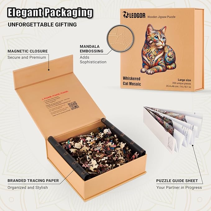 LEOGOR Wooden Jigsaw Puzzles for Adults 350 Pieces (14 × 18.1 in), Cat Puzzle, Extra-Thick 5mm Wood, Colorful Mosaic Design, Unique Animal Shapes, Artistic & Relaxing Gift for Adults and Teens