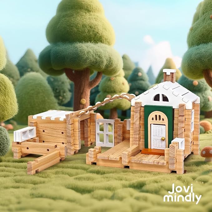 Jovi-mindly＆Notchies 107 Pcs Wooden Blocks Toys with Door and Windows,Classic Old Fashioned Toys,Wooden Building Blocks for Kids Ages 4-8 Boys and Girls,FSC Certified,Halloween Gifts