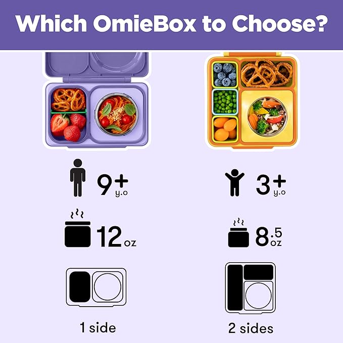 Omie OmieBox UP bento Box for Kids | Insulated Lunch Box | Leak Proof Vacuum Insulated Thermal Food jar | Cooler ice Pack | 2 Compartments (Galaxy Purple)