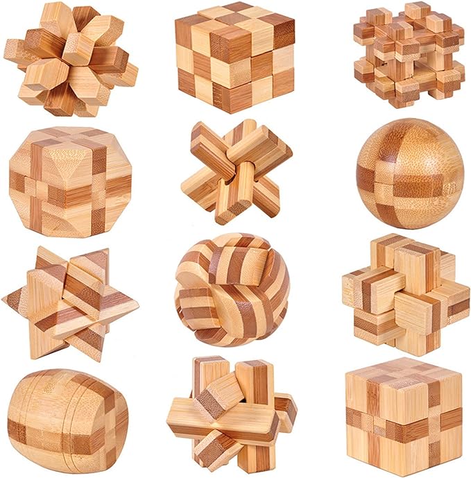 VolksRose 12pcs Wooden Brain Teaser Puzzles, IQ Challenge Puzzle Games, Logic Smart Mind Puzzle Box Lock Toy Removing Assembling 3D Small Puzzle Gift Set for Adults Teenagers Kids, 1.8inch 4.5cm