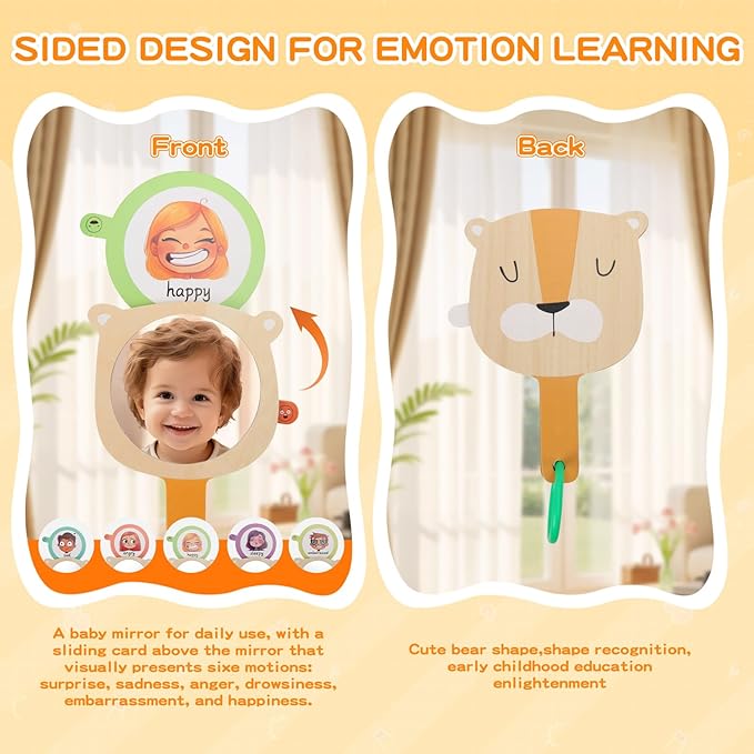 Montessori Toys for Babies 6-12 Months, 7 in 1 Wooden Educational Development Toys Sensory Learning Gift for Toddlers with Object Permanence Box, Emotion Learning Mirror, Tissue Box,Rainmaker and More