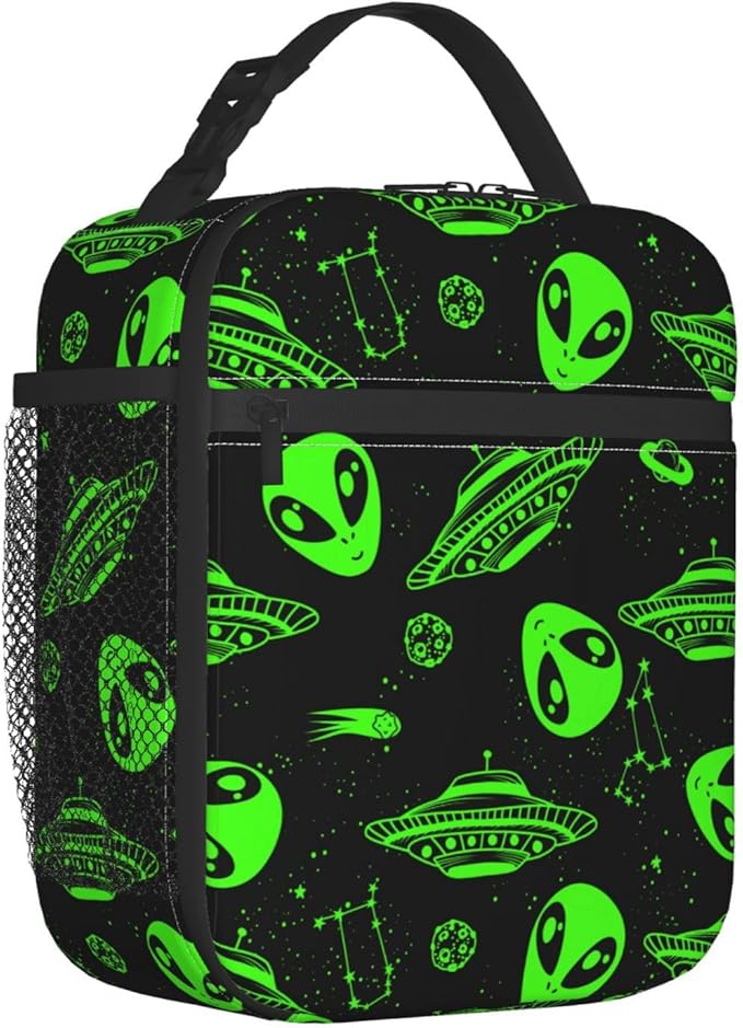 Green Ufo Alien Star Reusable Lunch Box Food Bag Insulated Lunch Bag for Teenage Boys Girls School Beach