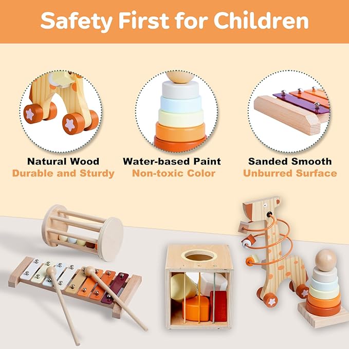 Wooden Montessori Toys Set for Toddlers,Wooden Toy Set for Babies Educational Object Permanence Box,Xylophone(Glockenspiel),Stacking,Rattle Birthday Gift for Boys Girls Ages 1 2 3 4 5
