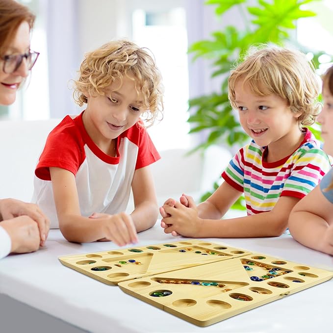 4-Player Mancala Board Game, Foldable Solid Wood with 110 Multi-Coloured Glass Beads, Instruction Manual, Non-Slip Mat,Suitable for Family Party Travelling Adults Puzzle Interactive Game.