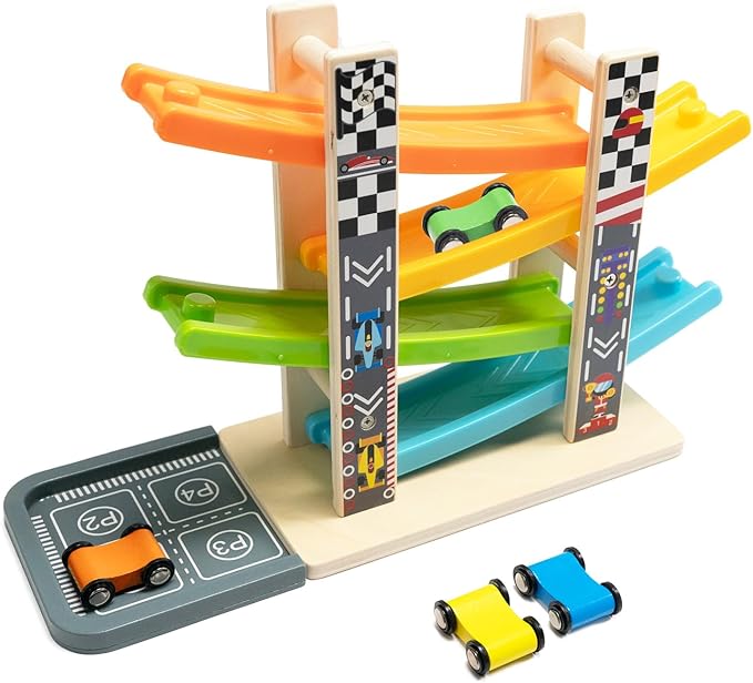Wood City Wooden Car Ramp Racer Toy Vehicle Set with 4 Mini Cars & Race Tracks, Toddler Toys for 1 2 3 Years Old, Montessori Cars Toys Birthday Gift for Kids Boys and Girls