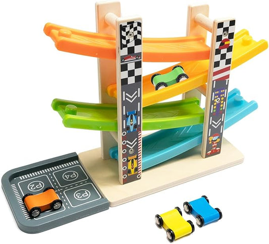 Wood City Wooden Car Ramp Racer Toy Vehicle Set with 4 Mini Cars & Race Tracks, Toddler Toys for 1 2 3 Years Old, Montessori Cars Toys Birthday Gift for Kids Boys and Girls