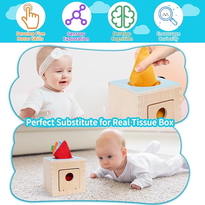 FCSONU Kids Toddler Toys, Montessori Baby Toys 0-6-12 Months, 1 Year Old Wooden Baby Tissue Box Toy for Educational Learning with Cloth Tissues, Boys & Girls Gifts for Birthday Christmas Children Day