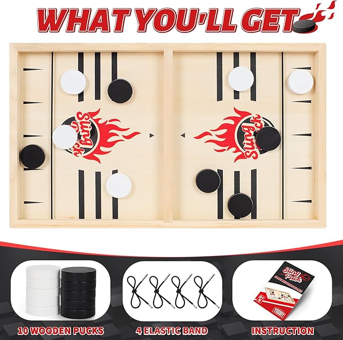 Large Fast Classic Slingshot Puck Game, Wooden Air Hockey Board Games for Family Night, Table Games for Adults and Kids, 2 Player Game for Ages 6 and Up, Test Your Speed and Accuracy