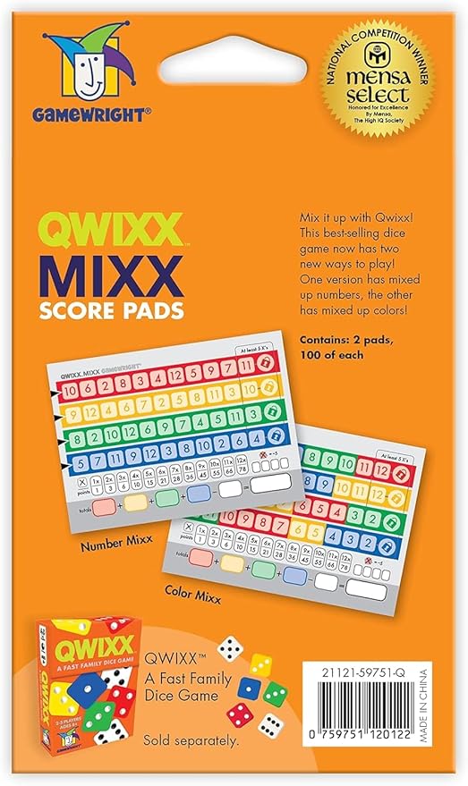 Gamewright Qwixx Mixx - Genuine Enhanced Game Play Add-On Replacement Scorecards for Qwixx - A Fast Family Dice Game, 8 + years