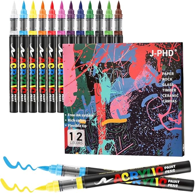 Acrylic Paint Markers for Kids & Adults | 12 Colors Brush Tip | Washable Coloring Marker | Drawing Pen on Paper, Wood, Canvas | Erasable on Glass | DIY Crafts Back-to-school Art Supplies