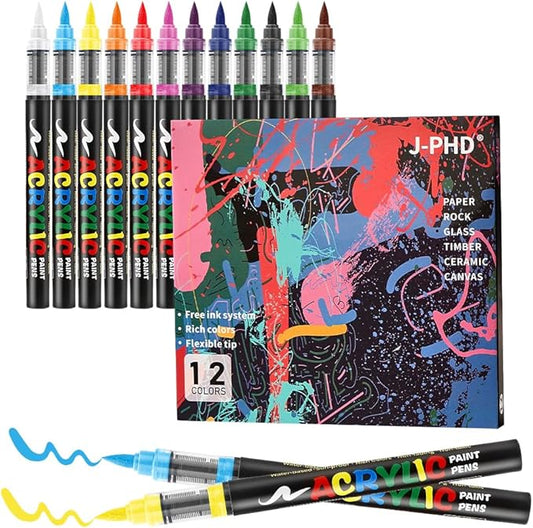 Acrylic Paint Markers for Kids & Adults | 12 Colors Brush Tip | Washable Coloring Marker | Drawing Pen on Paper, Wood, Canvas | Erasable on Glass | DIY Crafts Back-to-school Art Supplies