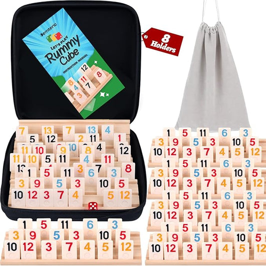 Rummy Cube Game 6-8 Players with Portable Travel Case, 214 Melamine Rummy Tiles & 8 Wooden Holders, Classic Family Strategy Board Game for Adults Kids