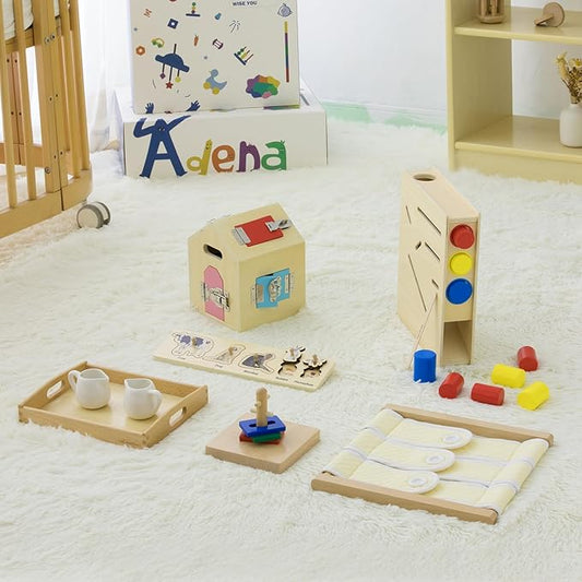 Adena Montessori Play Kit for 19-21 Months Baby,7 in 1 Learning Educational Toys for Toddler,Include Matching and Sliding Cylinder Chute,Dressing Frame and More,Christmas Birthday Gift for Boys Girl