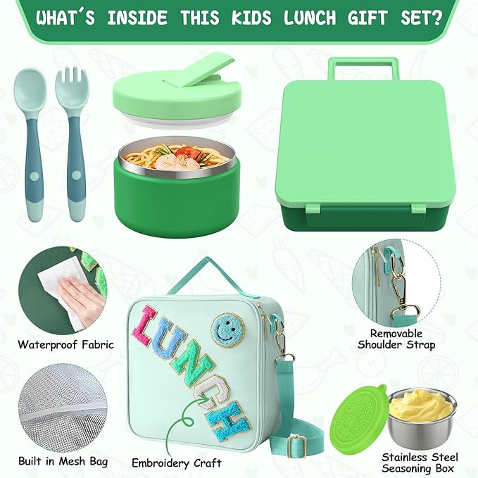 Kids Bento Lunch Box with 8oz Soup Thermo, Kids Leakproof Lunch Food Containers with 4 Compartment,Insulated Hot Food Jar with Lunch Bag for School, Travel (Green)