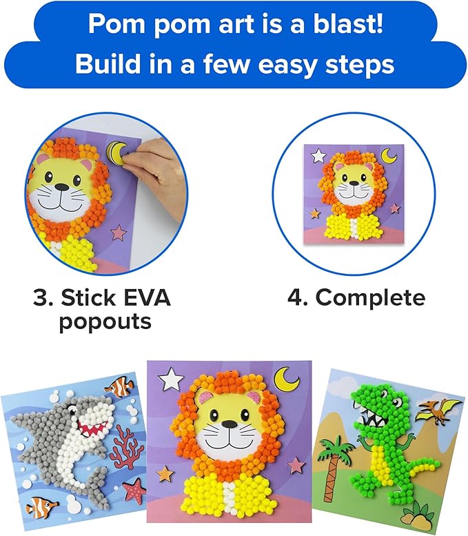 Little Jupiter DIY Pom Pom Art - Makes 3 Art Pieces -Boy & Girl Crafts for Kids Age 3-5 - Toddler Crafts - Pom Pom Arts and Crafts - Art Projects for Kids - (Set 1 -Lion, Shark, Dinosaur)