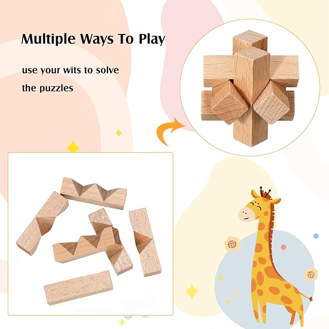 Suzile 20 Pcs Wooden Brain Teaser Puzzles Small 3D Wooden Puzzles Wood Block Puzzle Logic Box Lock Mind IQ Test Removing Assembling for Adults