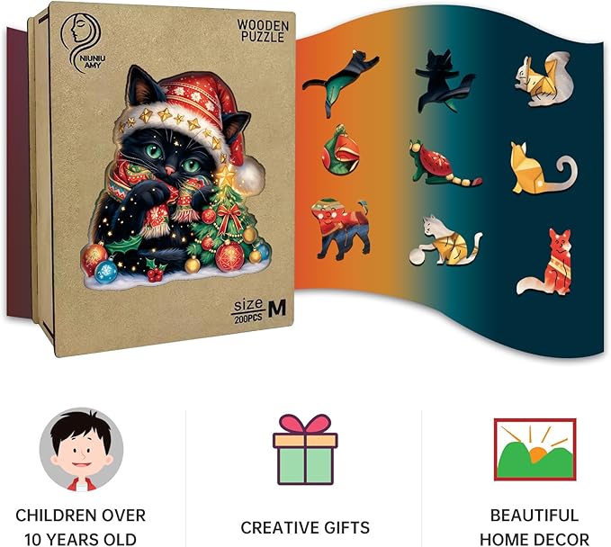 Wooden Jigsaw Puzzle for Adults,Christmas Cat Puzzle 200 Piece,Unique Shape Puzzle Challenge 11 x 11 Inch,Beautiful Wooden Puzzles Birthday Gifts for Adults Family Game