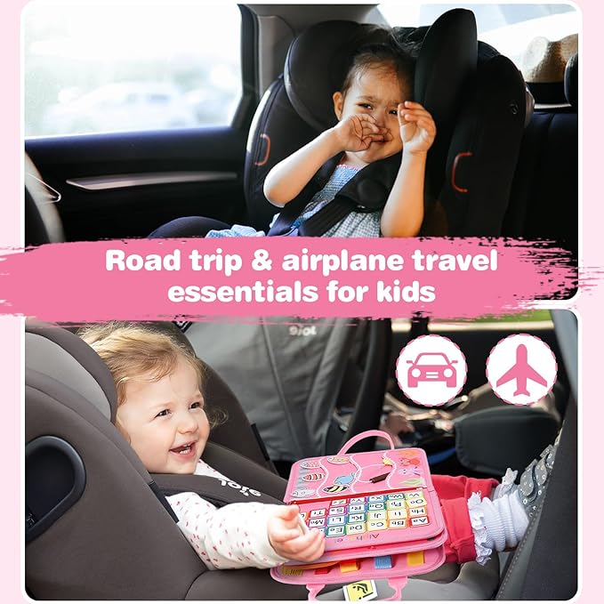 Busy Board for Toddlers, Sensory Board Travel Toys Gifts for 1 2 3 4 Year Old Girls Boys, Montessori Toys to Learn Fine Motor Skills, Educational Activities Busy Book for Airplane Car (Pink)