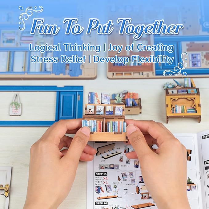 CUTEBEE DIY Book Nook Kit, Miniature House Kits for Adult and Teens, DIY Miniature Book Nook kit with Sensor Led Light, Gifts for Lovers and Family (Literature Bookstore)