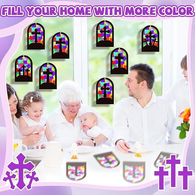 QOUBAI 32 Sets Cross Suncatchers Crafts DIY Window Stained Glass Effect Christian Religious VBS Paper Craft Home Sunday School Classroom Decoration Kid Birthday Gift Creative Art Project Activity Game
