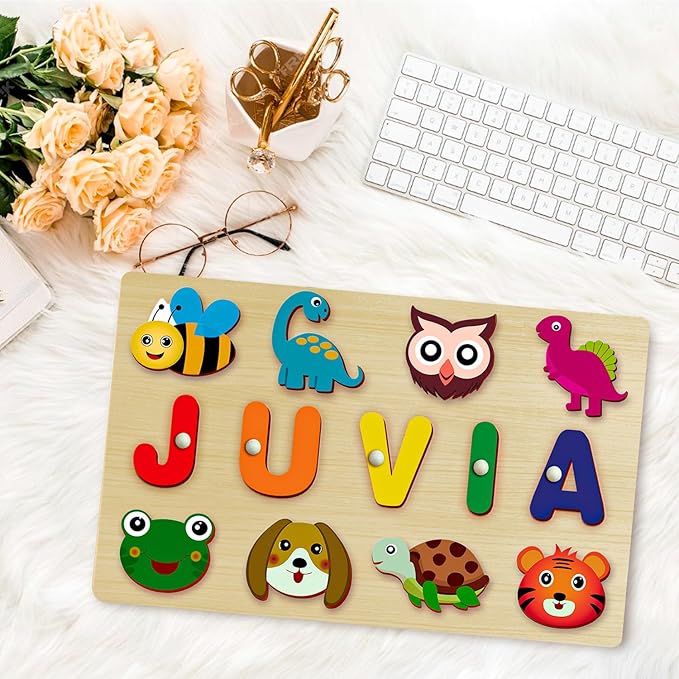 Name Puzzle for Kids Personalized - Custom Name Puzzles for Toddlers 1-3, Customized Wooden Animal Puzzle, Baby Gifts, Baby Shower, Christmas, Newbaby Gift, Gifts for 0 1 2 3 Years Old