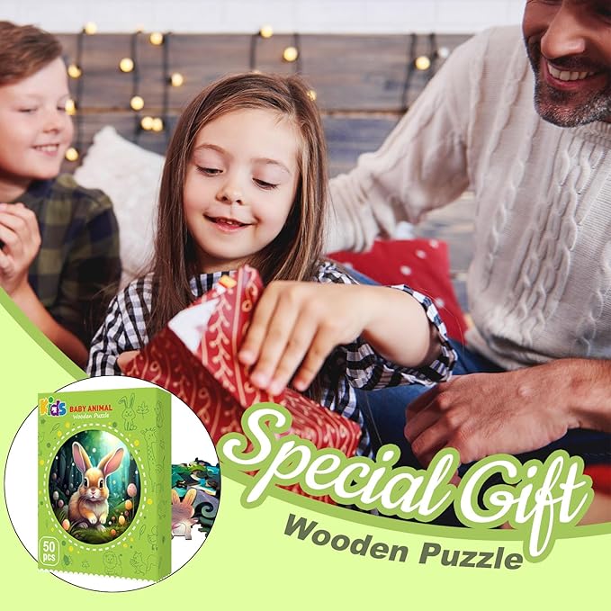 Christmas Birthday Gifts for Kids Girls Boys, Wooden Jigsaw Puzzles for Kids Ages 4-6, 50 Piece Unique Shape Animal Theme Puzzle - Preschool Learning Educational Toys for Kid 3+ (Rabbits)