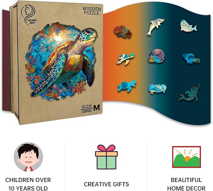Wooden Puzzle,Coral Sea Turtle Jigsaw Puzzles 200 Piece,Fun Challenging Puzzles Family Game Gift,Unique Shape Puzzles for Adults 11 x 11 Inch