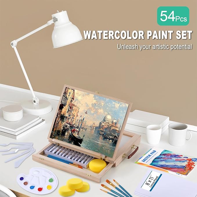 54 Pieces Watercolor Paint Set with Tabletop Easel Stand, Complete Starter Painting Art Supplies with Watercolor Paints, Canvases, Sketch Pads, Brushes and Palette for Adults Teens Kids Beginners
