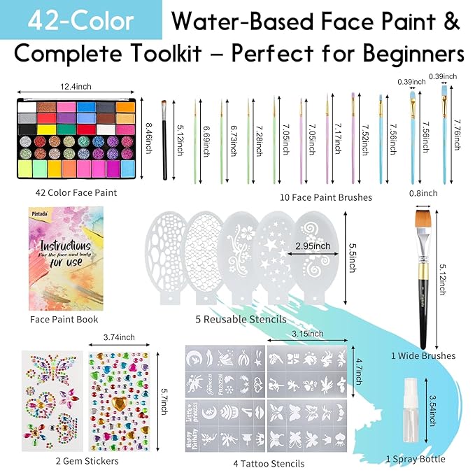 Pintada 42 Color Face Painting Kit for Kids - Non Toxic Water Activated Face Paint Palette With Stencils, Brush, Gems. For Carnival, Halloween, Costume Makeup and Any Creative Activity with Kids