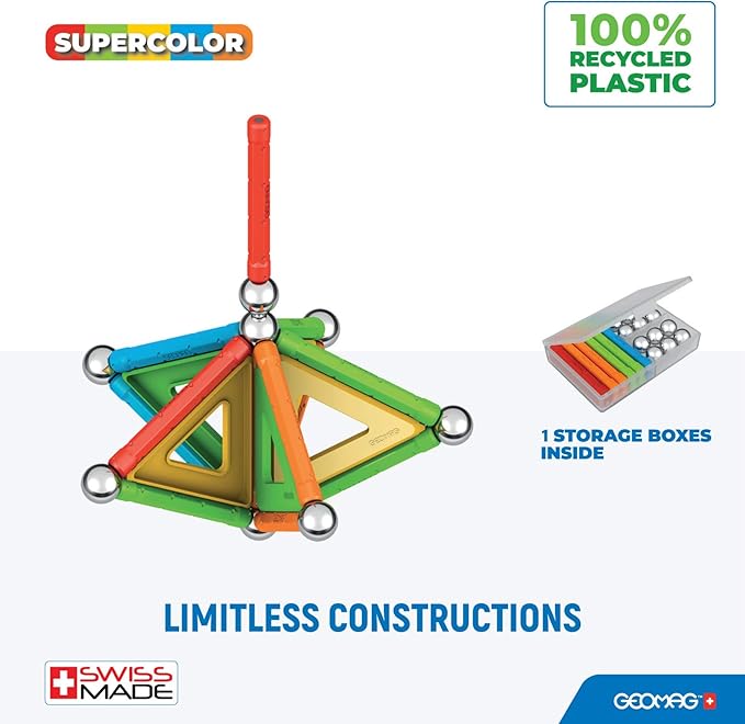 Geomag Supercolor Magnetic Toys for Kids Ages 5+, 35pc Educational STEM Magnets for Kids - Swiss-Made Magnetic Blocks, Tiles and Building Toys from 100% Recycled Plastic