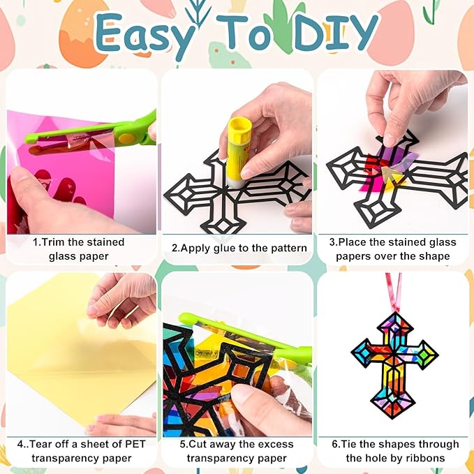 EggSun 36 Sets Cross Suncatchers Craft Kit for Kids Ornaments Stained Glass Window Arts and Crafts Kit for Sunday School Holiday Birthday Supplies Home Christian Decorations Ages 4 8 12