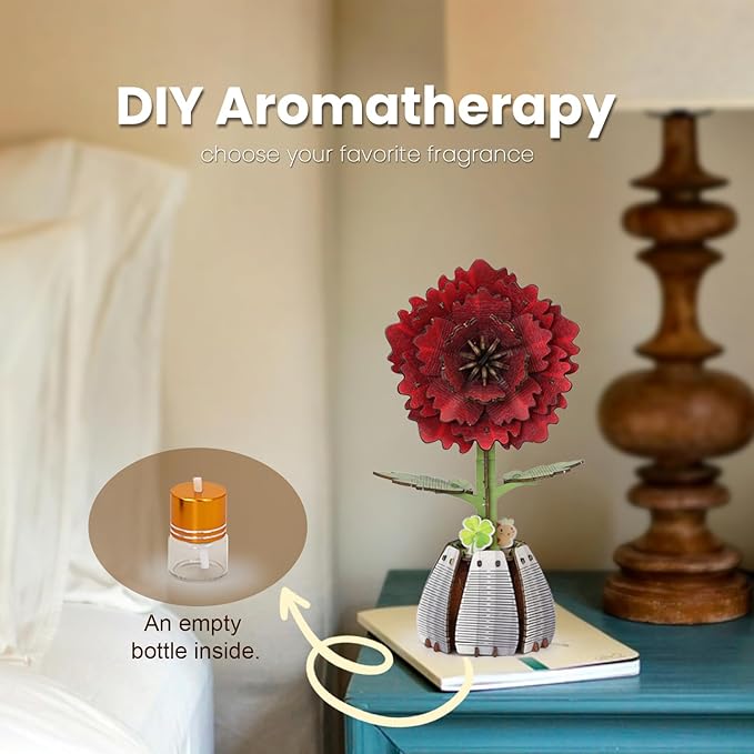 Jege 3D Flowers Wooden Puzzles for Adults,DIY Wooden 2 Flowers per Kit Building Set for Home Decor, Creative Craft Gift Toys Kits with 2 Perfume Bottles and Diffuser Sticks (Rose + China Rose)