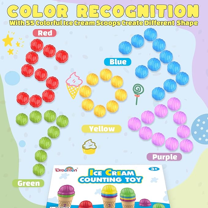 Ice Cream Color Sorting Toys for Toddlers, Montessori Counting Pretend Play Toys - 76 Pieces, Early Math Manipulatives Learning Toys with 10 Educational Number Cards for Preschool Kids (Number)