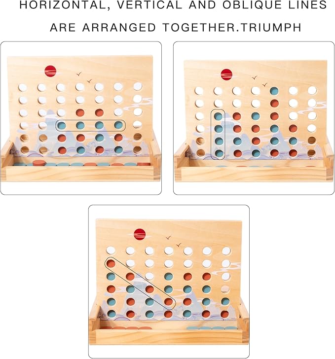 Wooden 4 in a Row Game - Classic Strategy Game for Adults Children-Connecting 4 Same Color Connection Rows- Travel Game Family Checkerboard Game Toys Adult Gift with Unique Printed Patterns.