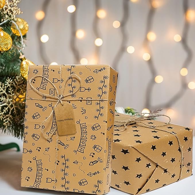 BWLOIES Wrapping Paper Set,Eco Gift Wrapping Paper Folded Sheets,Birthday Gift Wrap Kit,Eco Birthday Paper Recycled Kraft Gift Wrapper paper for Girls Kids Man Boys Women,Tags string