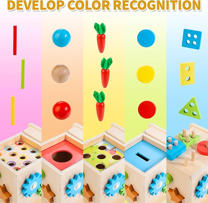 Kizfarm Wooden Montessori Baby Toys, 8-in-1 Wooden Play Kit Includes Object Permanent Box, Coin Box, Carrot Harvest, Shape Sorting & Stacking - Christmas Birthday Gift for Boys Girls Toddlers