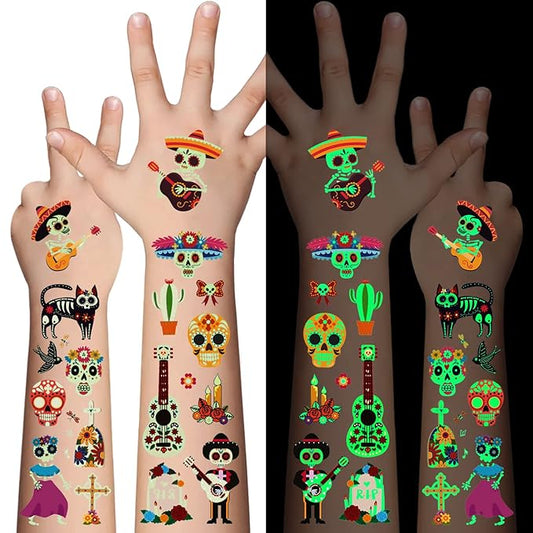 Day of the Dead Luminous Temporary Tattoos for Kids - 100 Pieces Glow In The Dark Tattoos Stickers for Boys and Girls,Sugar,Skeletons,Gemstones,Red Roses Face Makeup Tattoos Set,Holiday Party Gifts