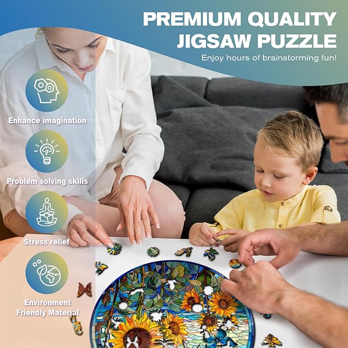 Wooden Puzzles for Adults - Stained Glass Sunflower Wooden Jigsaw Puzzle - Unique Animal Shaped Wood Puzzles Adult - Christmas Birthday Gifts for Adults/Friends/Family - 200pcs 11.4 * 11.4in