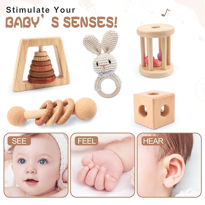Wooden Baby Rattle, 7PCS Wooden Baby Toys for Babies 18-36 Months, Wood Montessori Toys with Crochet Rabbit Rattle for Infant Grasping, Gift for Baby Girls Boys